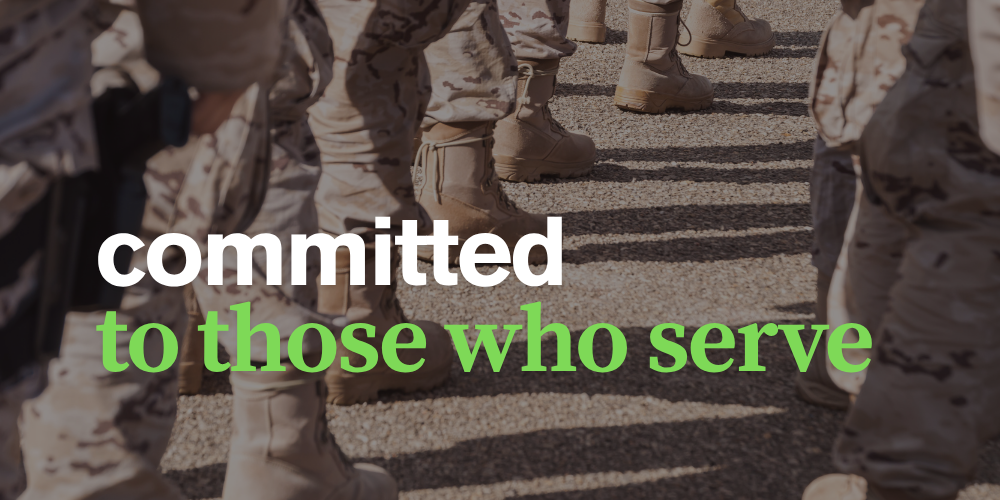 An image of military with the words "committed to those who server." Decorative.